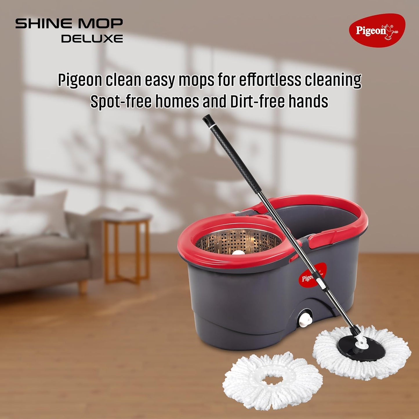 Pigeon Clean Easy Duster Shine Mop Deluxe | Grey and Red |