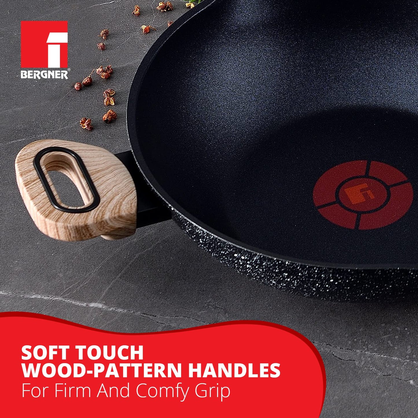 Bergner Ultimate Non-Stick Kadai with Glass Lid | 28 cm | Induction Base | Grey |