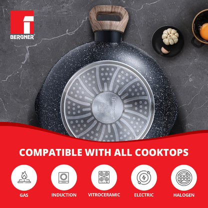 Bergner Ultimate Non-Stick Kadai with Glass Lid | 28 cm | Induction Base | Grey |
