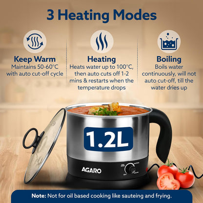 Agaro Esteem Electric Multi Kettle | Stainless Steel | 1.2L | Black |