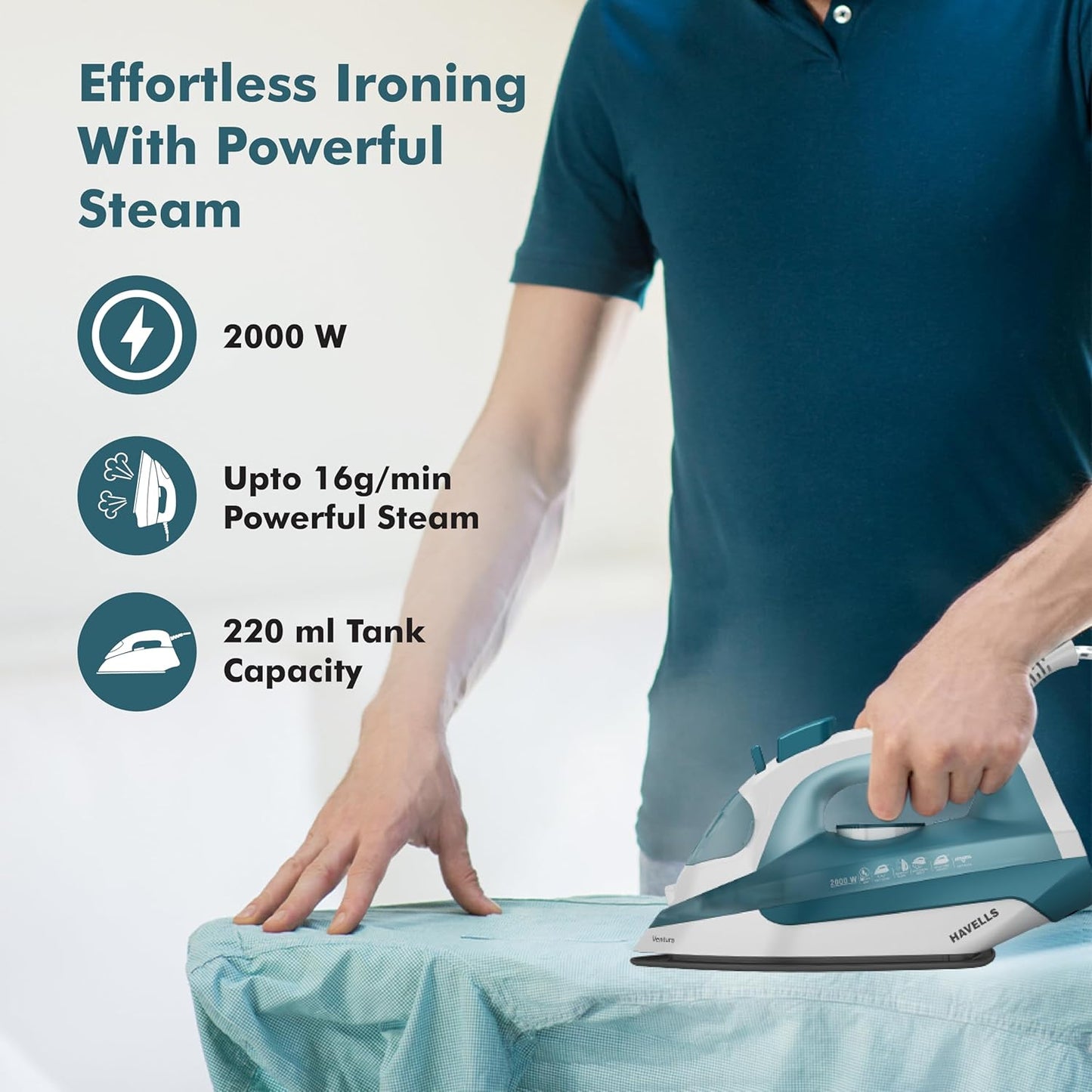 Havells Ventura 2000 Watt Steam Iron  | 220 ml Tank for Longer Ironing | Turquois |