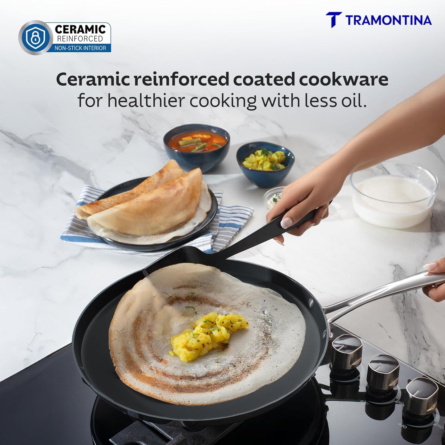 Tramontina Fusao Triply Ceramic Dosa Tawa | 30 cm | Long Lasting Performance | All Cooktop Compatible |