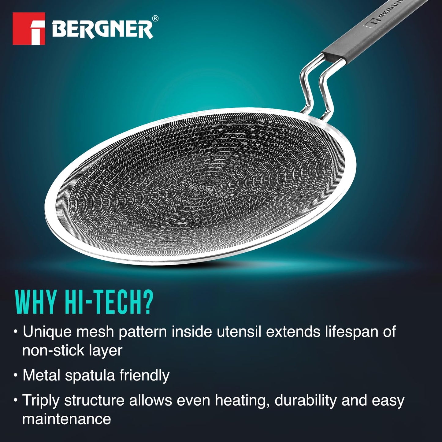 Bergner Hi-Tech Giro Triply Roti Tawa | 22 cm | Non-Stick Coating | Durable Stay Cool Handle |