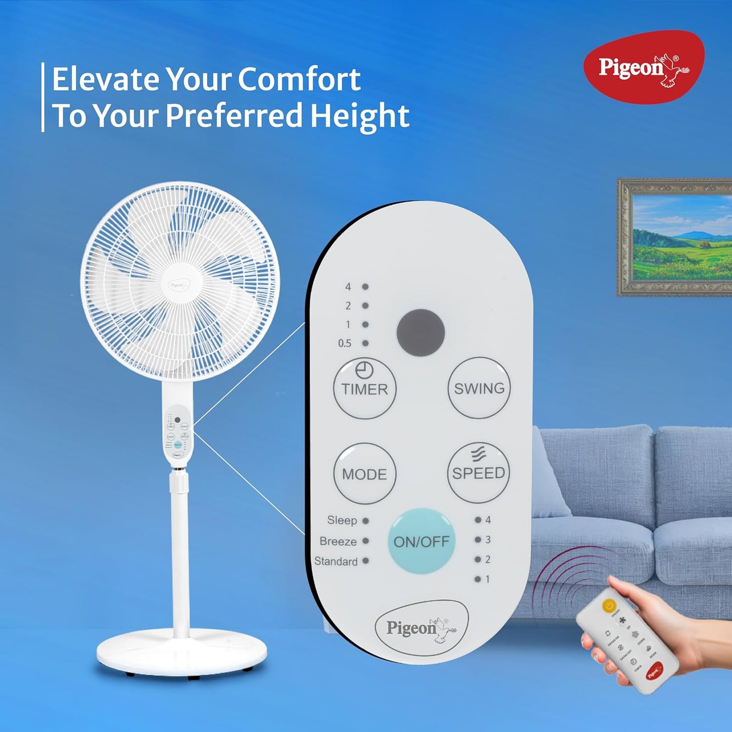 Pigeon BLDC Pedestal Fan with Remote | High Speed Airflow | 5 Blades | Lightweight & Portable |