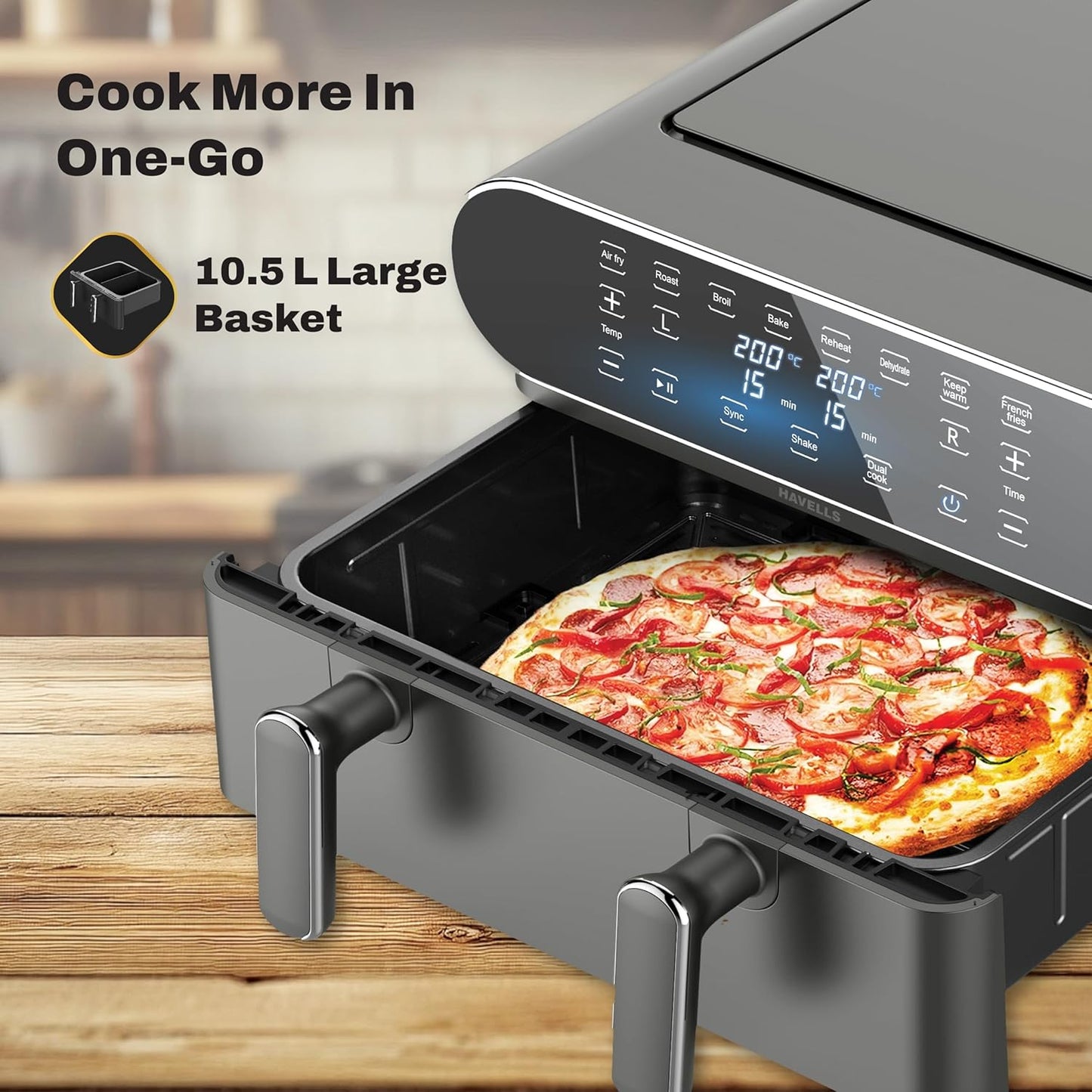 Havells Air Fryer Prolife Delicia 1700 W | Dual Basket Air Fryer | 10.5L Pan | 8 Auto Preset Menu | Digital Touch Control ||