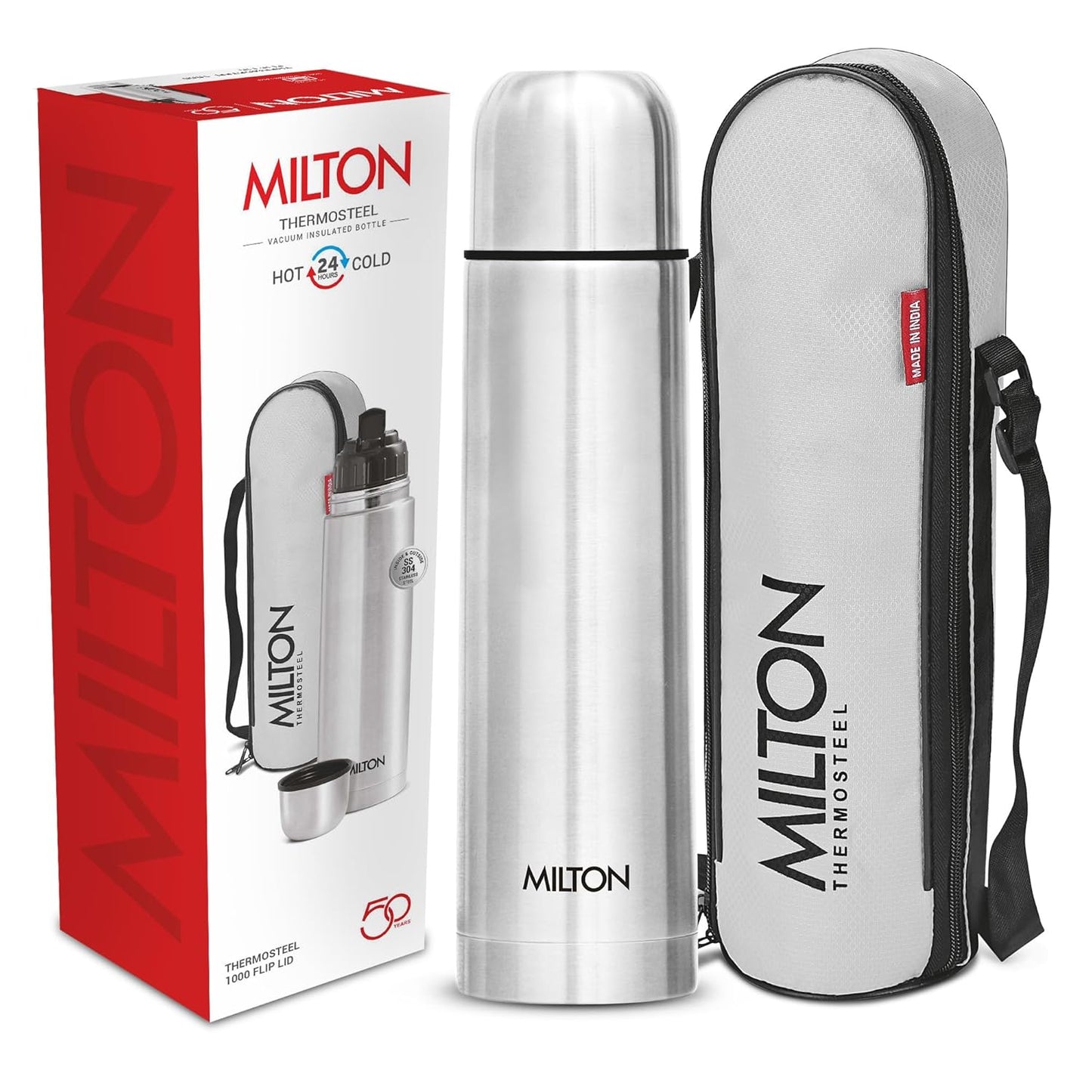 Milton Flip Lid Thermosteel | 1 Ltr | Leak Proof | Hot & Cold | Silver |