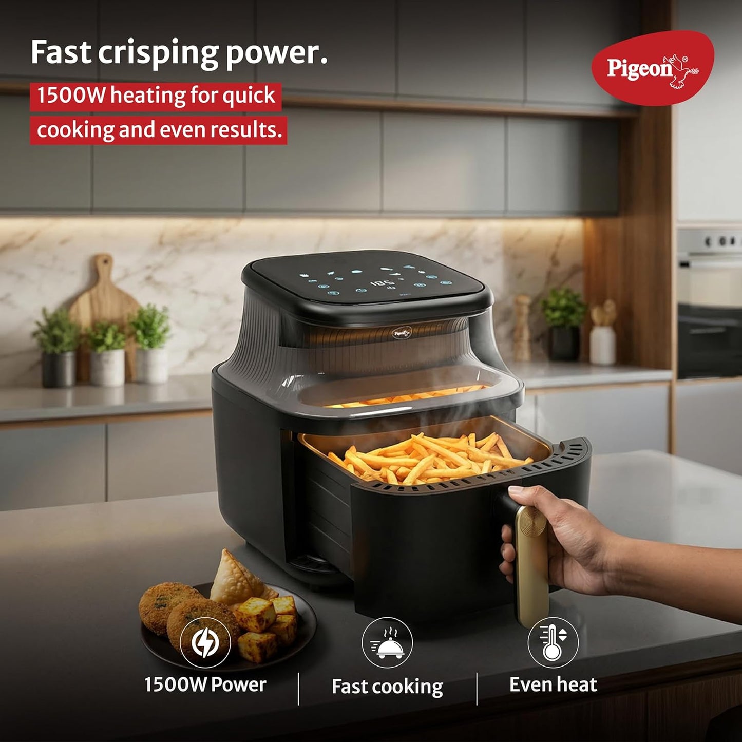 Pigeon Healthifry Digital Air Fryer | 5.4 Litre | 1500 Watts | See Through Glass Window | 80% Less Oil | Non-Stick Basket | Touch Control |