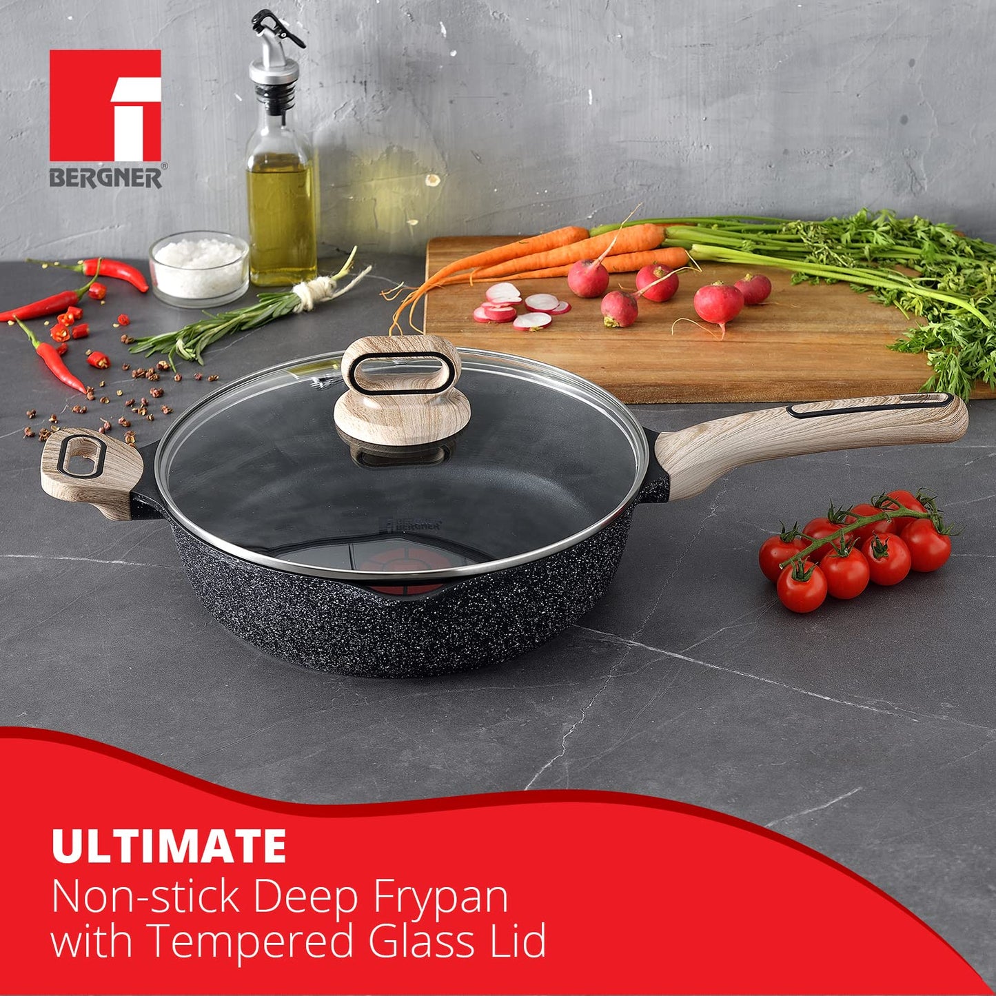 Bergner Ultimate Non-Stick Deep Frypan with Glass Lid | 1.8Litre | Heatdot Technology & Induction Base | Grey |
