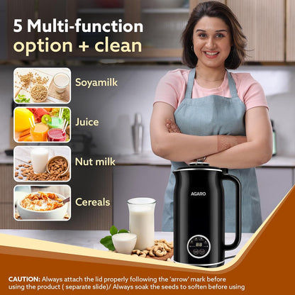 AGARO Regency Automatic Nut Milk Maker | Stainless Steel Body | 600ml | Black |