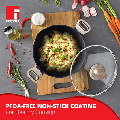 Bergner Ultimate Non-Stick Kadai with Glass Lid | 28 cm | Induction Base | Grey |