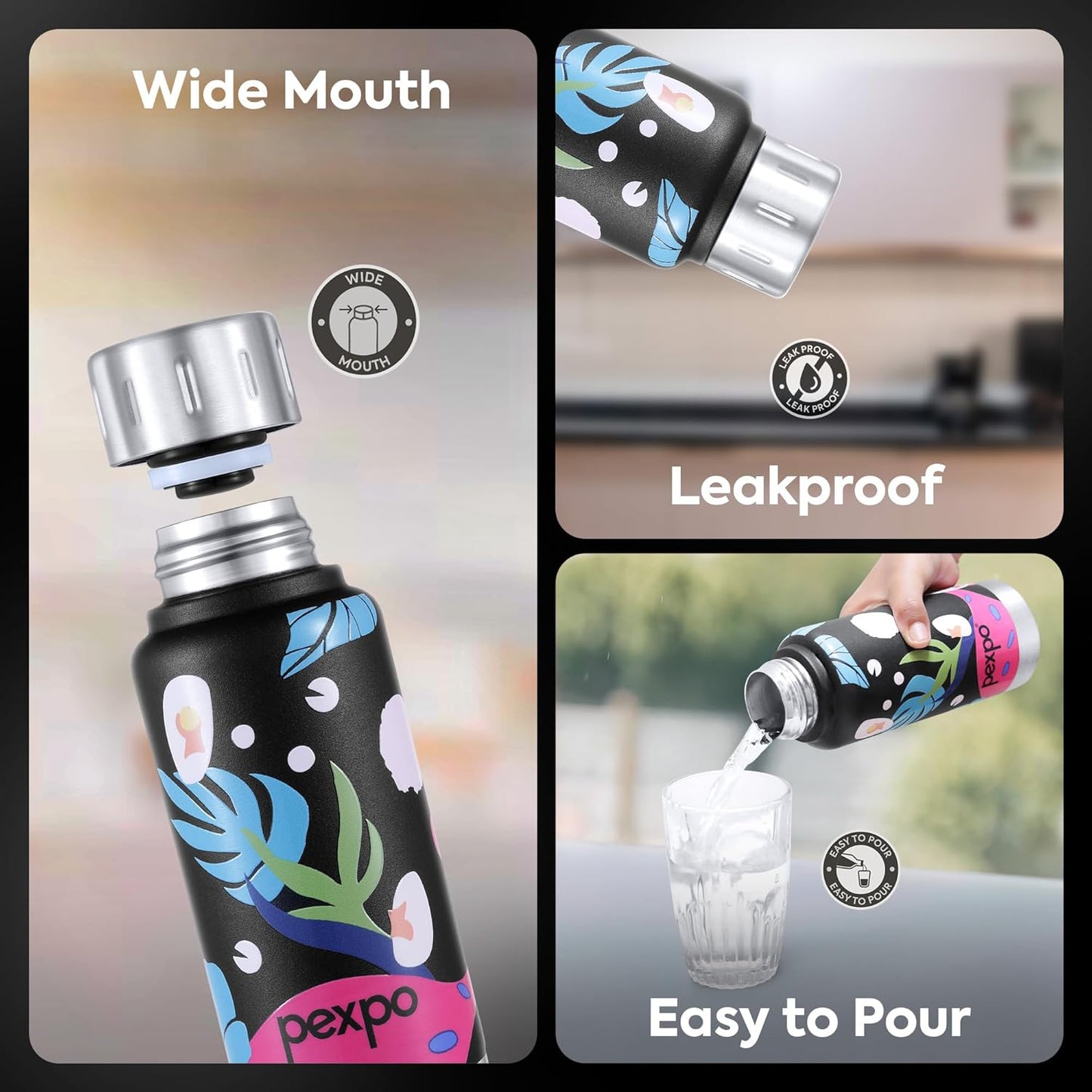 Pexpo Bravo Stainless Steel Water Bottle | 300 ml | Black Leaf-Printed | Hot & Cold |