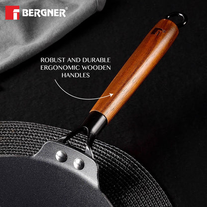 Bergner Odin Cast Iron roti Tawa with Wooden Coated Handle  | 22 cm | Lightweight |