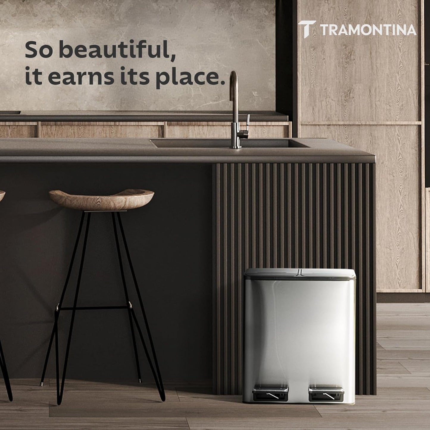 Tramontina 2-in-1 Dual Compartment Dustbin 16L (8L+8L) | Stainless Steel Wet & Dry Trash | Removable Inner Buckets |