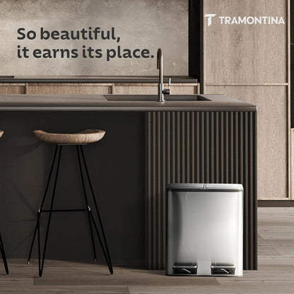 Tramontina 2-in-1 Dual Compartment Dustbin 16L (8L+8L) | Stainless Steel Wet & Dry Trash | Removable Inner Buckets |