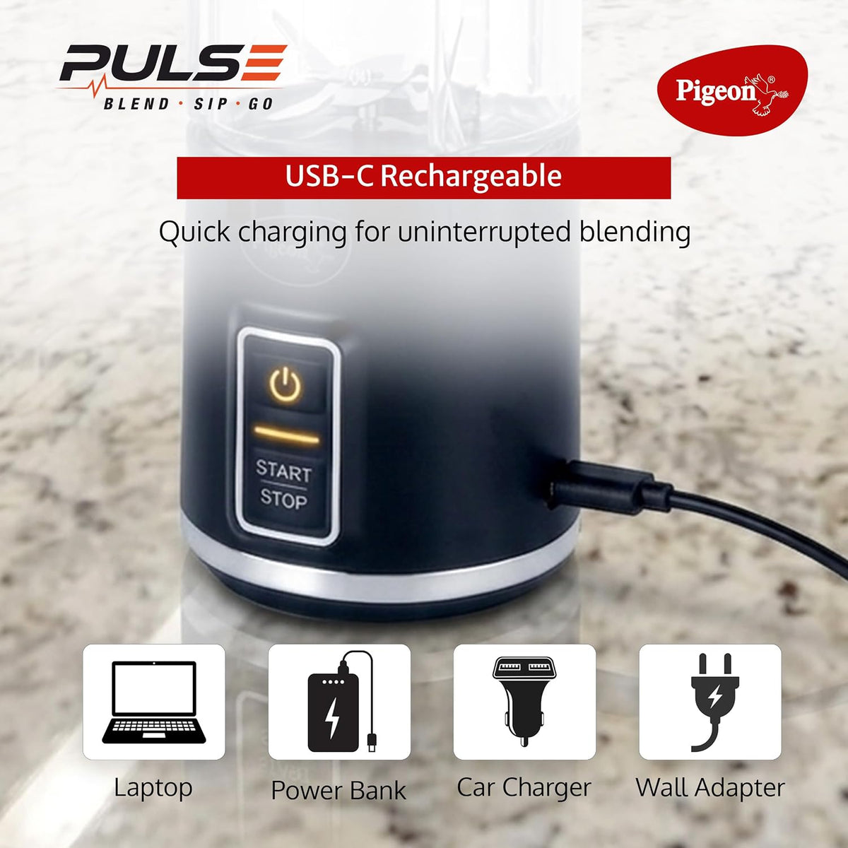 Pigeon Pulse Portable Cordless Blender | USB C Rechargeable | Ice and Frozen Fruit Crusher | Black |