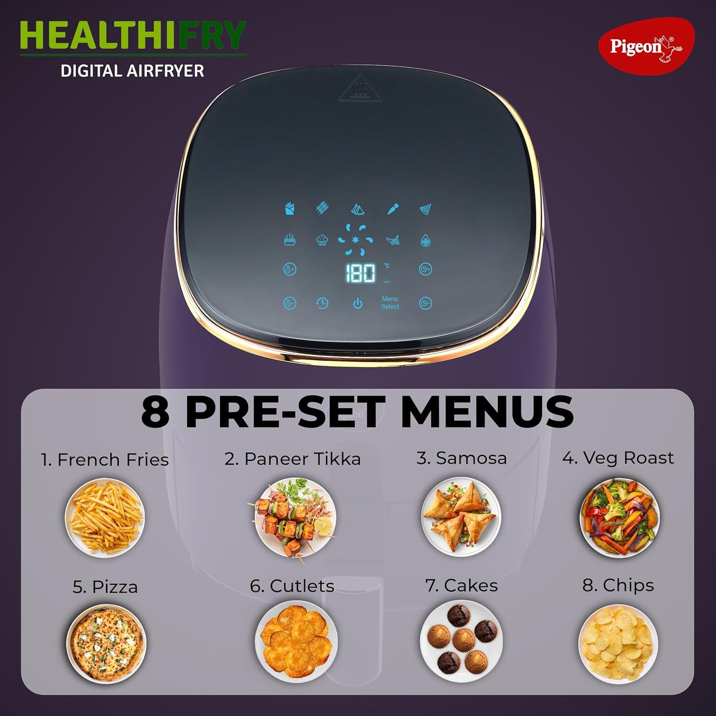 Pigeon Healthifry + Digital Airfryer with 2 Silicone Baskets | 4.2 L | 360° High Speed Air Circulation Technology | Purple |