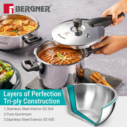 Bergner Argent Triply Pressure Cooker | 8 Litre | Outer Lid | Sturdy Handle |