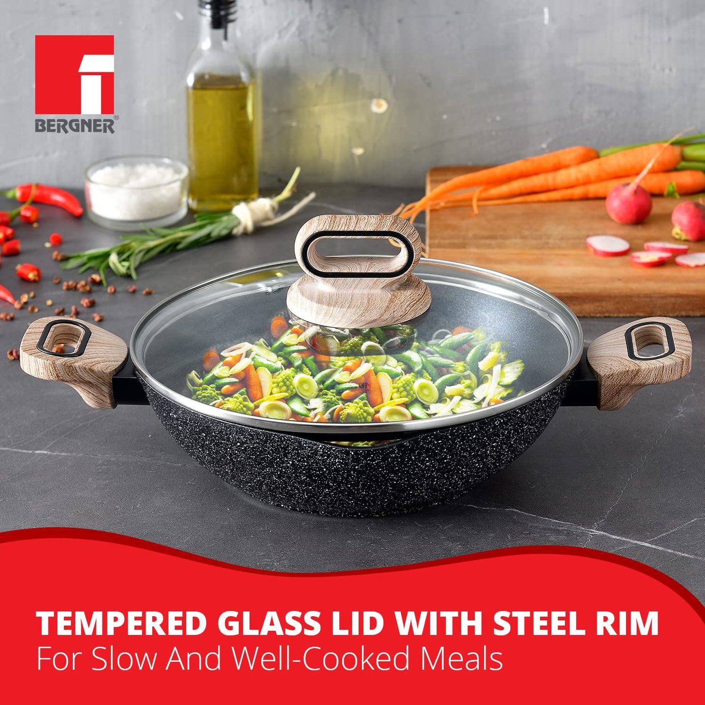 Bergner Ultimate Non-Stick Kadai with Glass Lid | 28 cm | Induction Base | Grey |