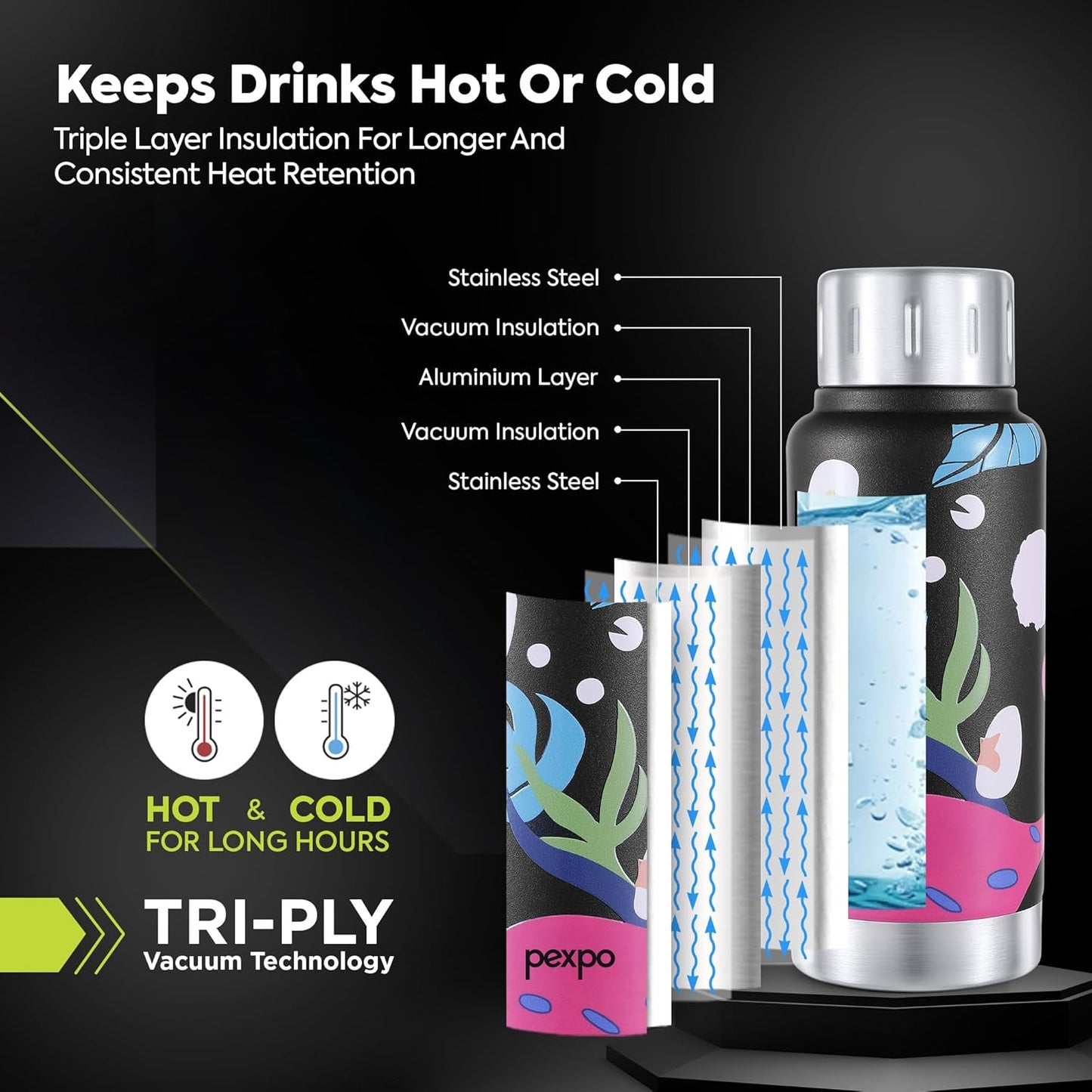 Pexpo Bravo Stainless Steel Water Bottle | 300 ml | Black Leaf-Printed | Hot & Cold |