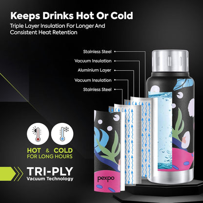 Pexpo Bravo Stainless Steel Water Bottle | 300 ml | Black Leaf-Printed | Hot & Cold |