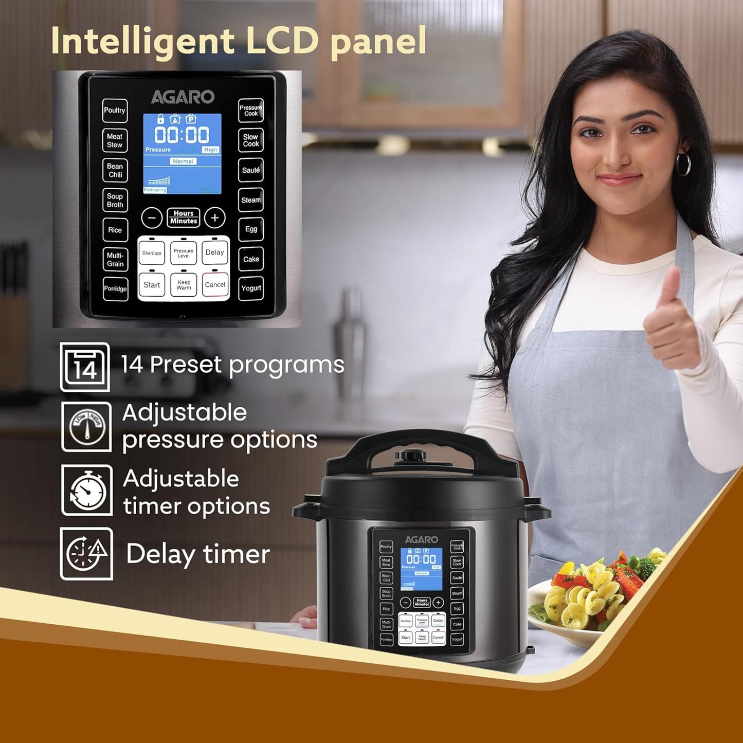 Agaro Imperial Rice Cooker | 8 Litres | 14 Preset Multi-cooking Functions | SS Pot | Black |