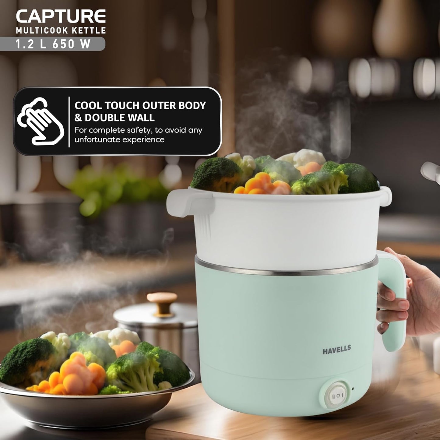 Havells Capture | 1.2 L | Multi-Cook Electric Kettle with Steamer | 650W | 304 Stainless Steel |