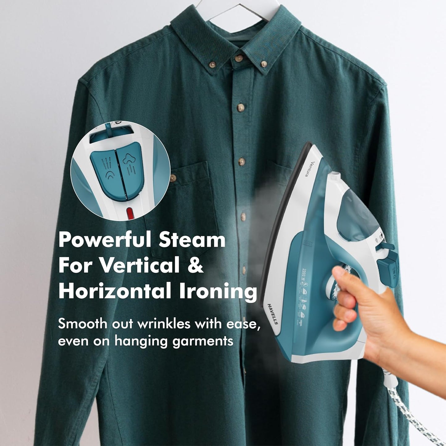 Havells Ventura 2000 Watt Steam Iron  | 220 ml Tank for Longer Ironing | Turquois |