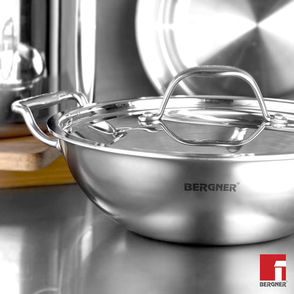 Bergner Argent Kadai with Stainless Steel Lid | 22 cm | 2 L | Even and Faster Heating |