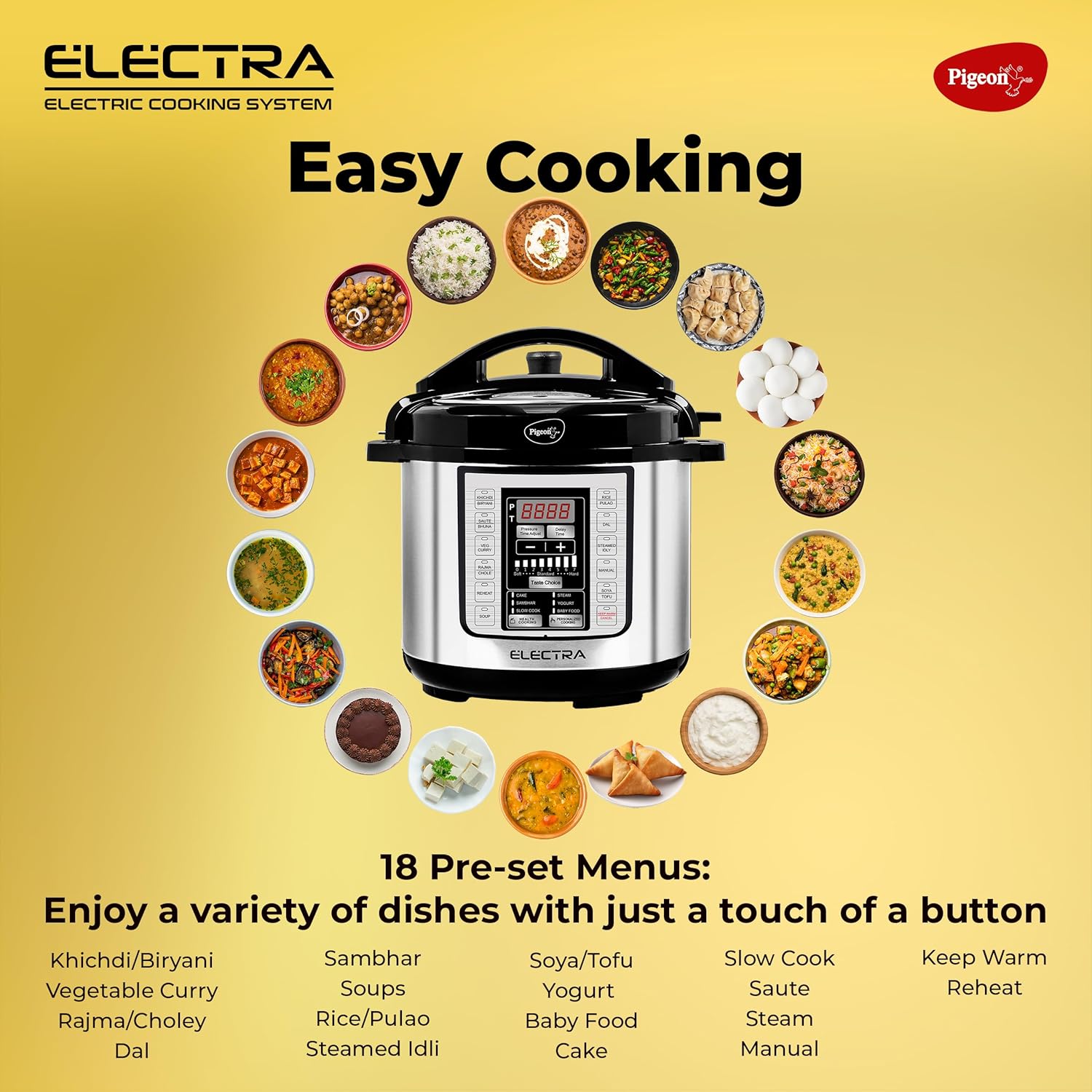 Pigeon ELECTRA Electric Pressure Cooking System with 18 Pre-Set Menus, 6L, 3L