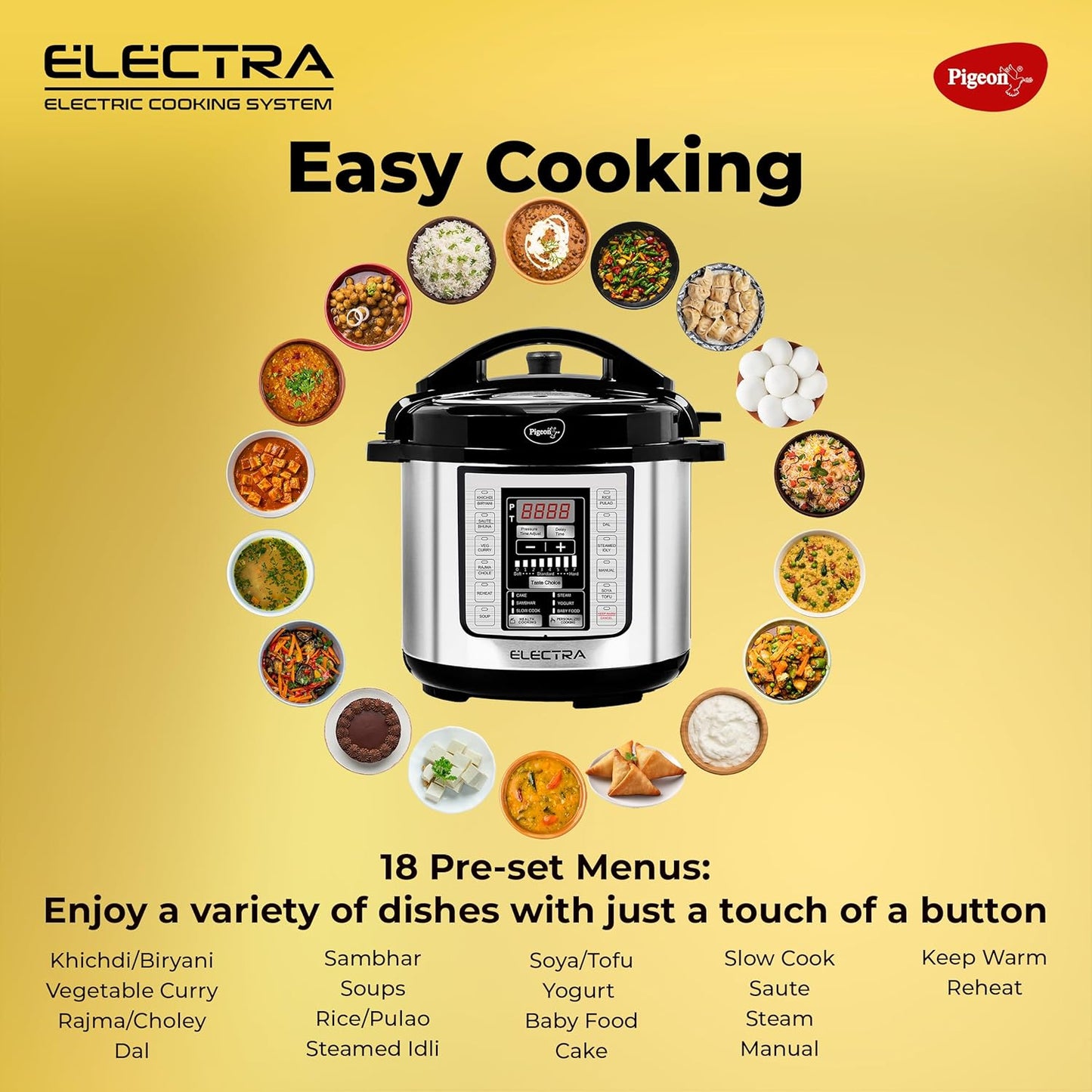 Pigeon ELECTRA - Electric Pressure Cooking System with 18 Pre-Set Menus, 6L, 3L