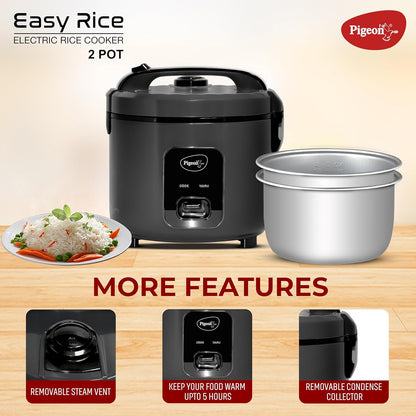 Pigeon Deluxe  Rice Cooker | Grey | 2 Pots | 3 L |  Keep Warm Function | Steam Basket | Measuring Cup & Spatula |