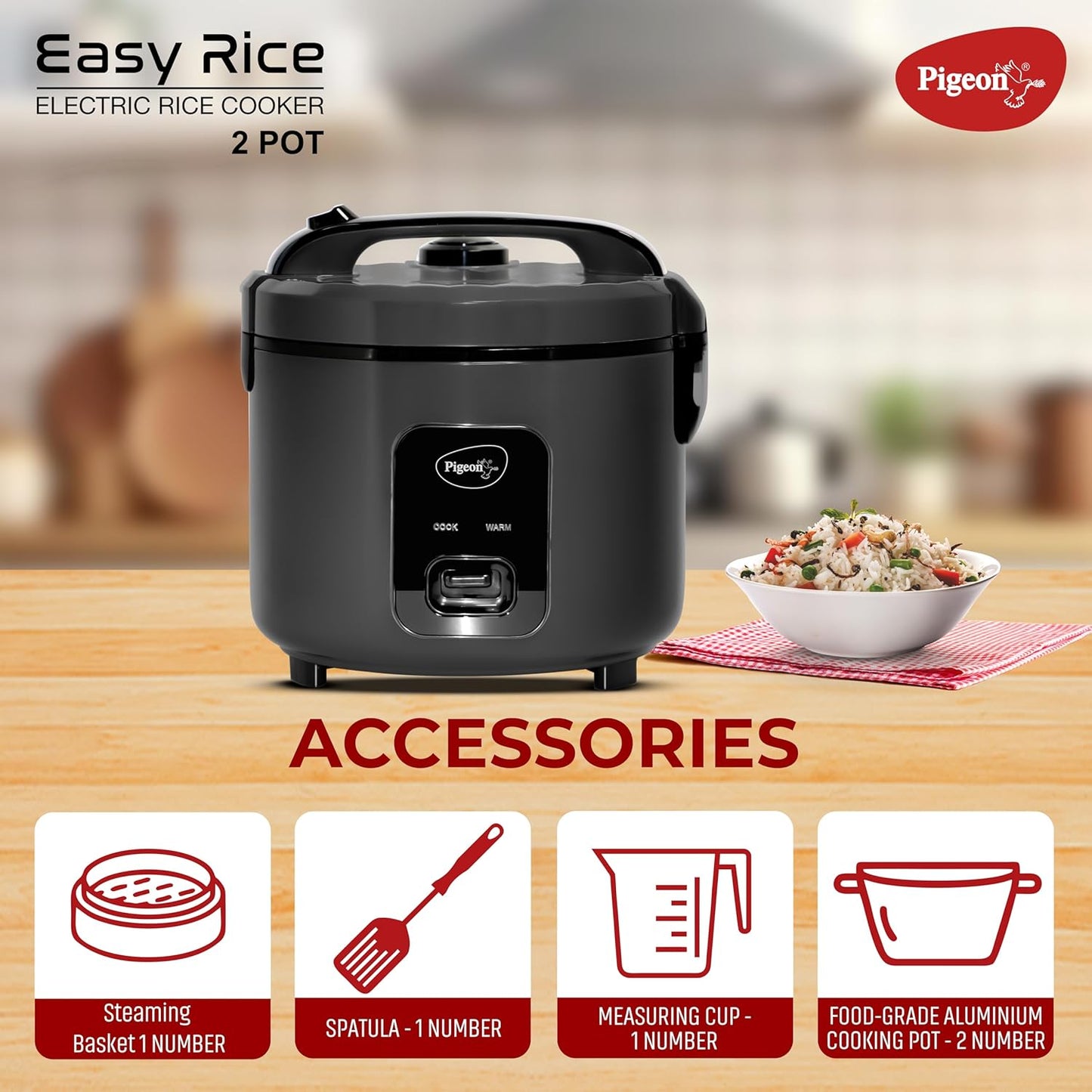 Pigeon Deluxe  Rice Cooker | Grey | 2 Pots | 3 L |  Keep Warm Function | Steam Basket | Measuring Cup & Spatula |