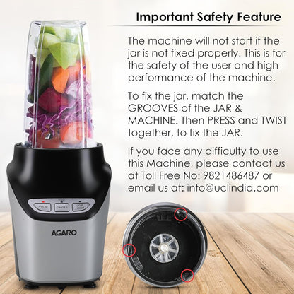 Agaro Marvel Nutri Blender | 2 Tritan Jars | Stainless Steel Blades | Black |