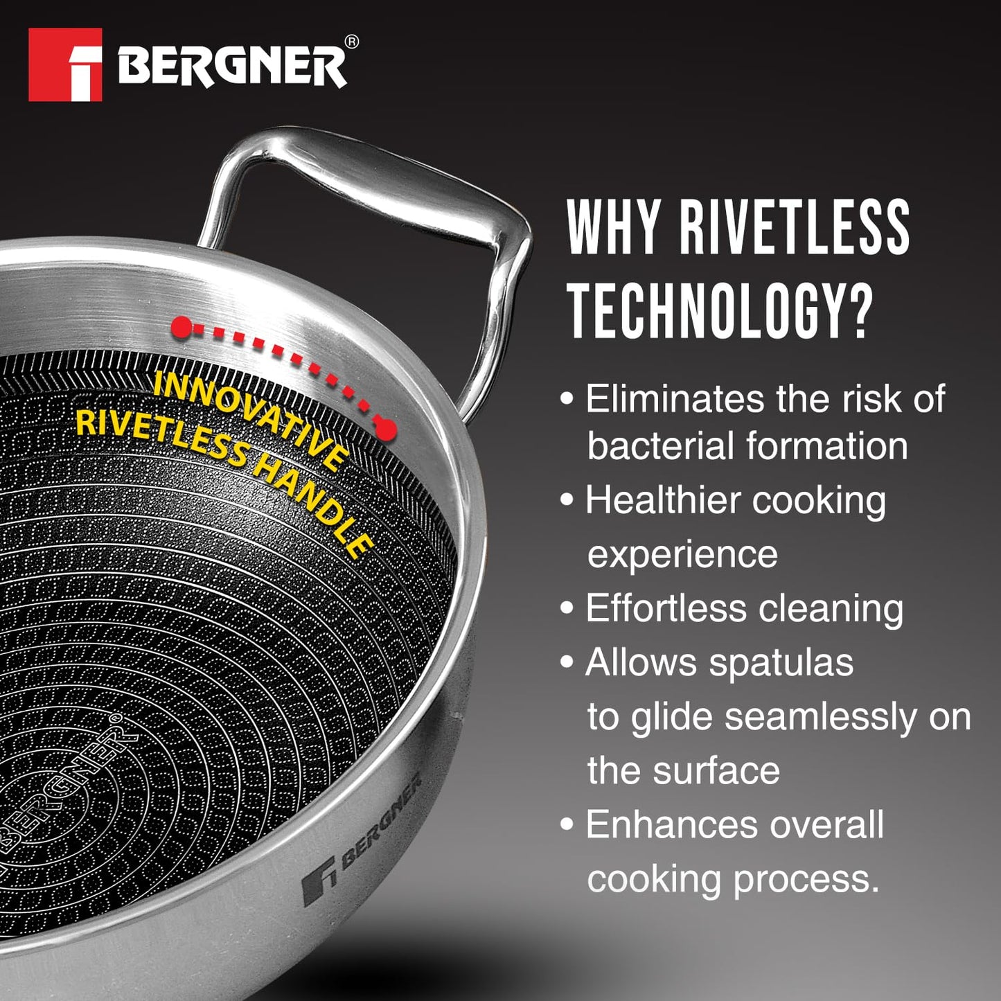 Bergner Hi-Tech TriPly Stainless Steel Kadai with Glass Lid | 20cm | 1.5 L | Non-Stick Coating |