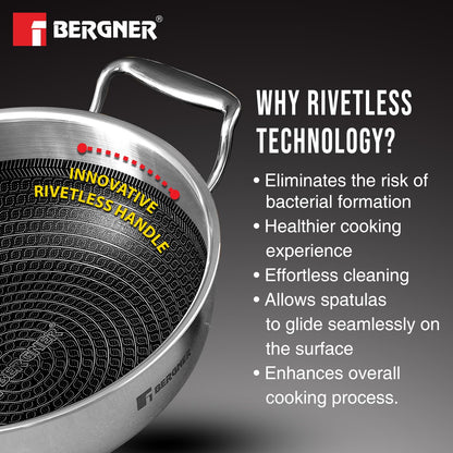 Bergner Hi-Tech TriPly Stainless Steel Kadai with Glass Lid | 20cm | 1.5 L | Non-Stick Coating |