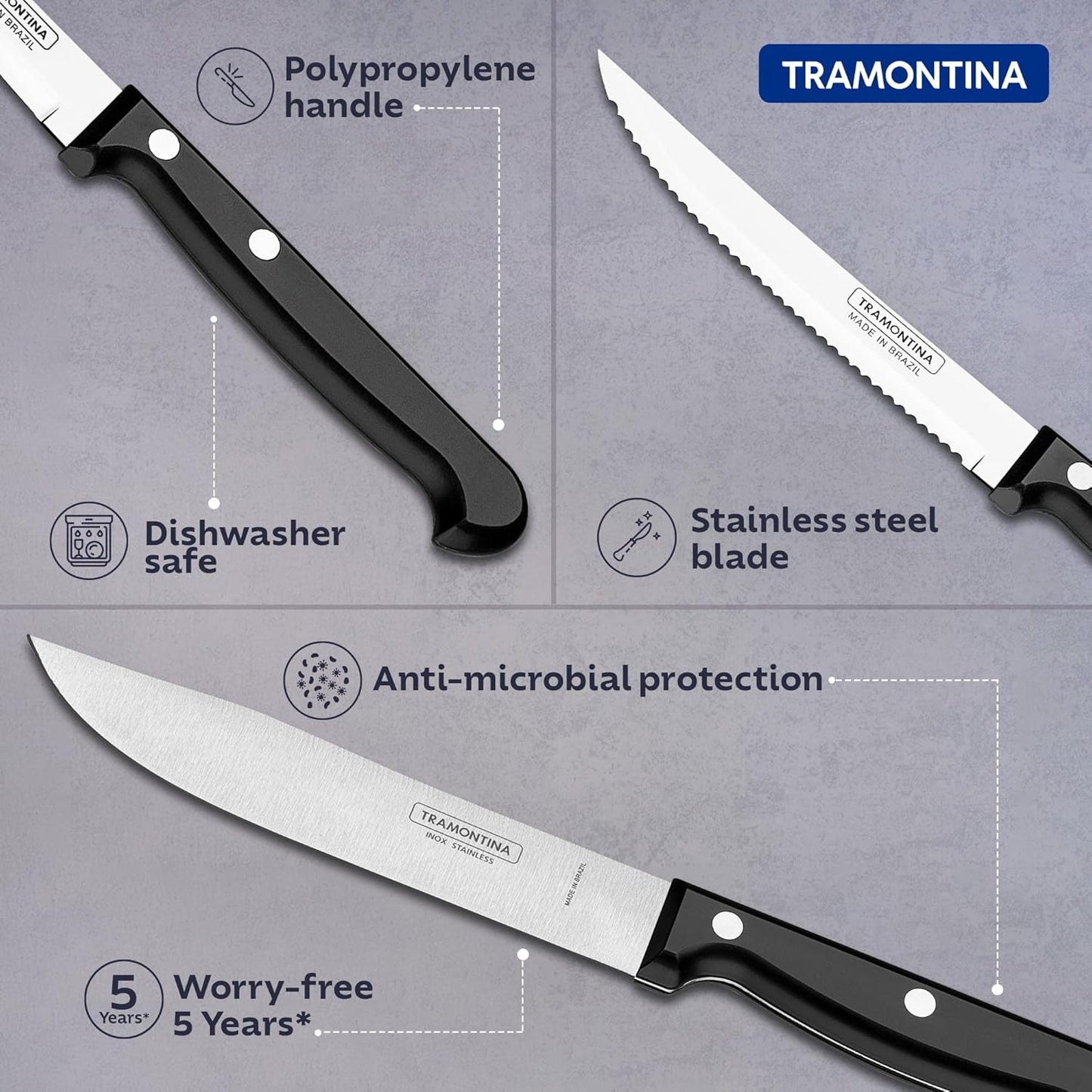 Tramontina Ultracorte Knife Set | 3-Piece Stainless Steel Kitchen Knife Set | Antimicrobial Handles | Dishwasher Safe | 5-Year Warranty |