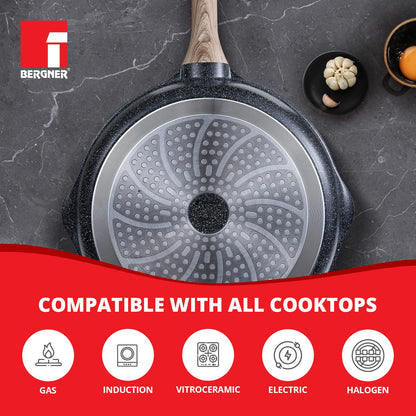 Bergner Ultimate Non-Stick Deep Frypan with Glass Lid | 1.8Litre | Heatdot Technology & Induction Base | Grey |