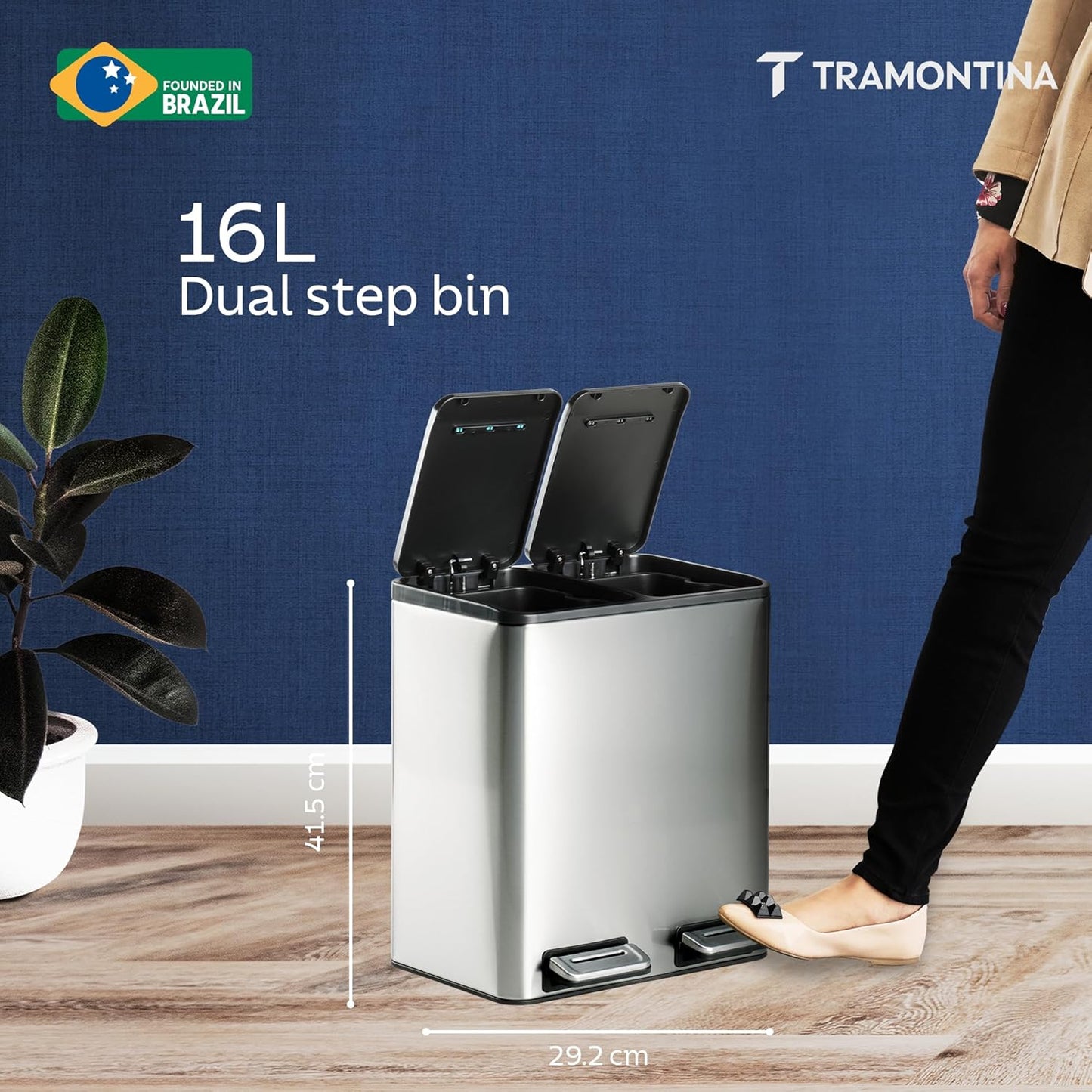 Tramontina 2-in-1 Dual Compartment Dustbin 16L (8L+8L) | Stainless Steel Wet & Dry Trash | Removable Inner Buckets |