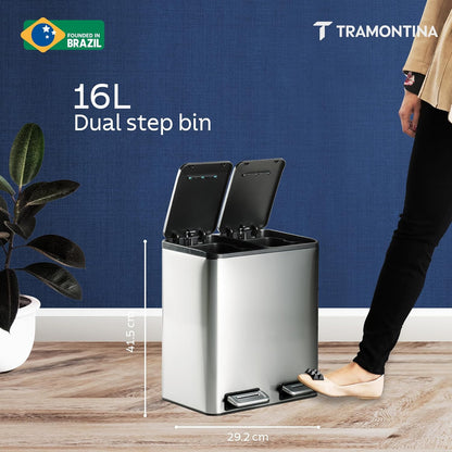 Tramontina 2-in-1 Dual Compartment Dustbin 16L (8L+8L) | Stainless Steel Wet & Dry Trash | Removable Inner Buckets |