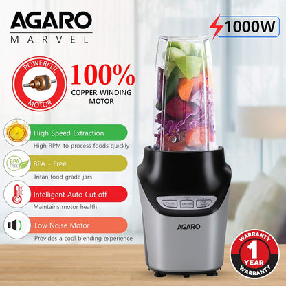 Agaro Marvel Nutri Blender | 2 Tritan Jars | Stainless Steel Blades | Black |