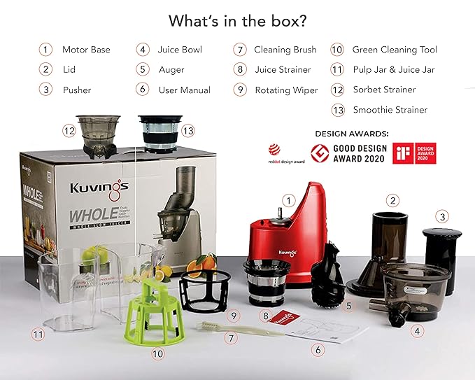 Kuvings Cold Press Whole Slow Juicer | B1700 Red Smoothie + Sorbet Maker