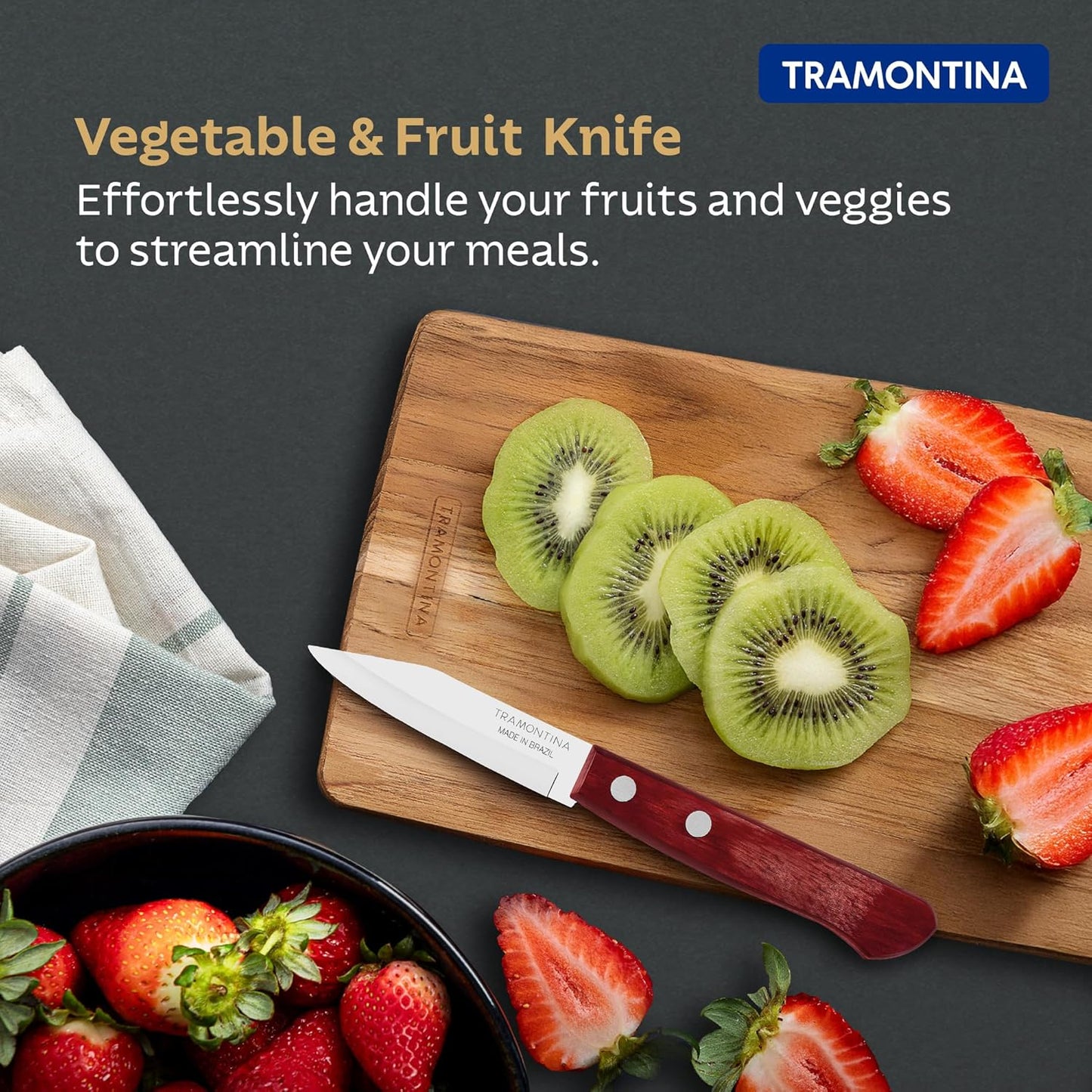Tramontina Polywood Stainless Steel Vegetable and Fruits Knife | Wooden Handle | 5 Year Warranty