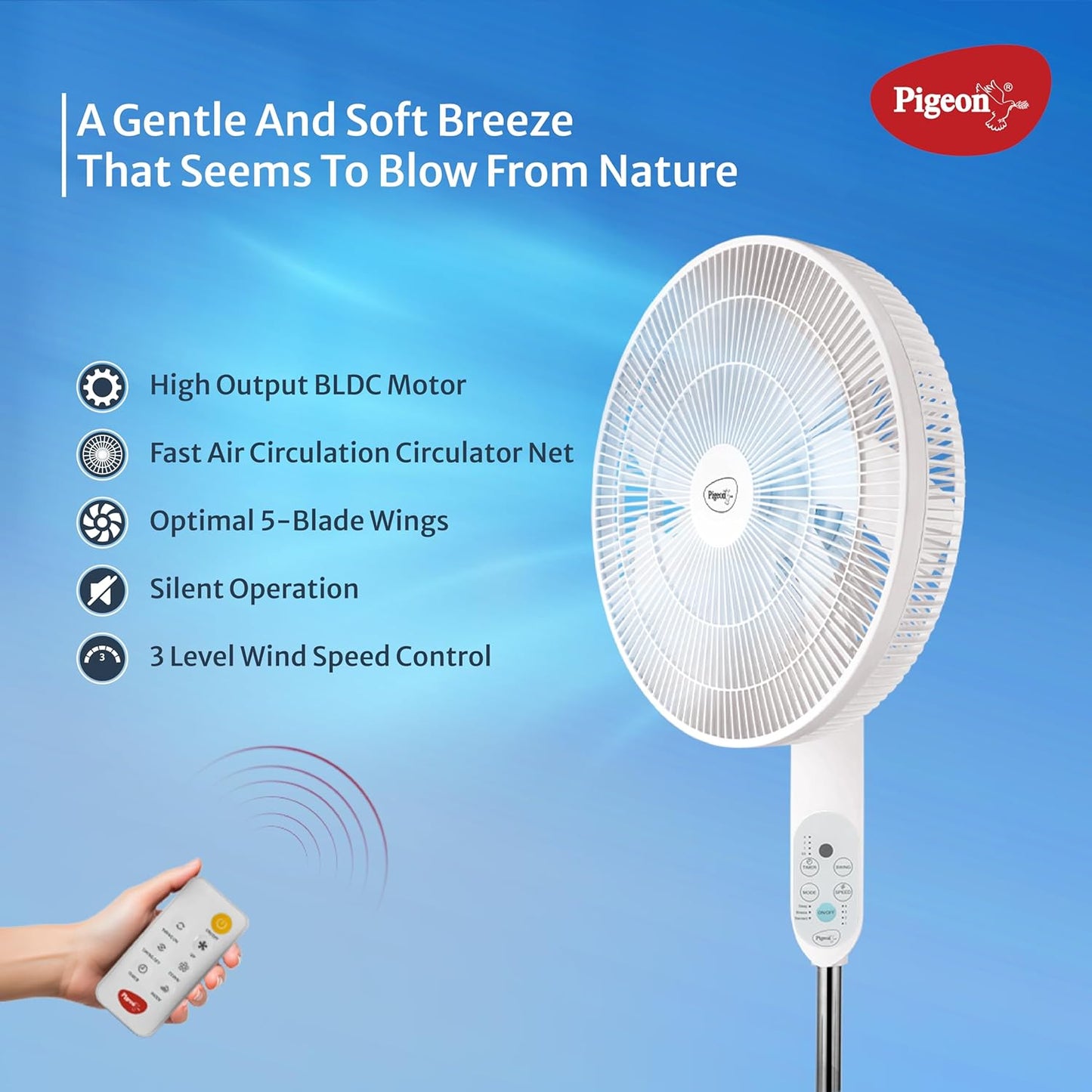 Pigeon BLDC Pedestal Fan with Remote | High Speed Airflow | 5 Blades | Lightweight & Portable |