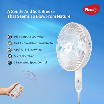 Pigeon BLDC Pedestal Fan with Remote | High Speed Airflow | 5 Blades | Lightweight & Portable |