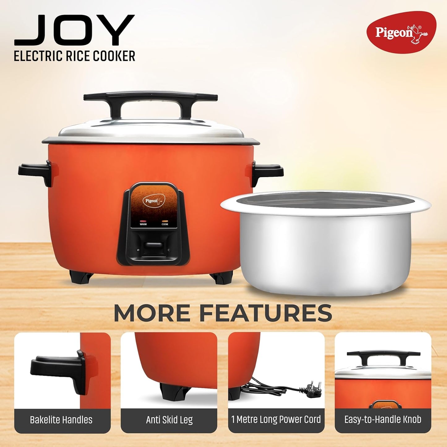 Pigeon Joy Rice Cooker | Single Pot | Orange | 4.2 litres | Stainless Steel Lid | Measuring Cup | Spatula |