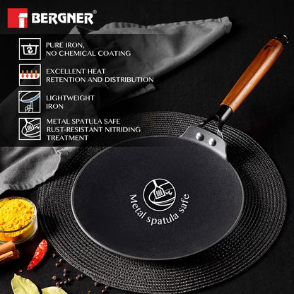 Bergner Odin Cast Iron roti Tawa with Wooden Coated Handle  | 22 cm | Lightweight |