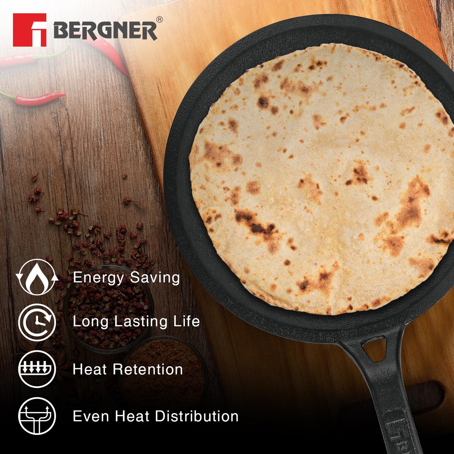 Bergner Eco Cast Iron Roti Tawa | 26 cm | Comes with Silicone Sleeve | Pre-Seasoned Iron Tawa |