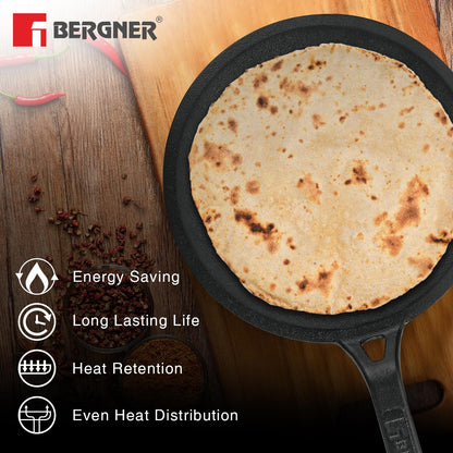 Bergner Eco Cast Iron Roti Tawa | 26 cm | Comes with Silicone Sleeve | Pre-Seasoned Iron Tawa |