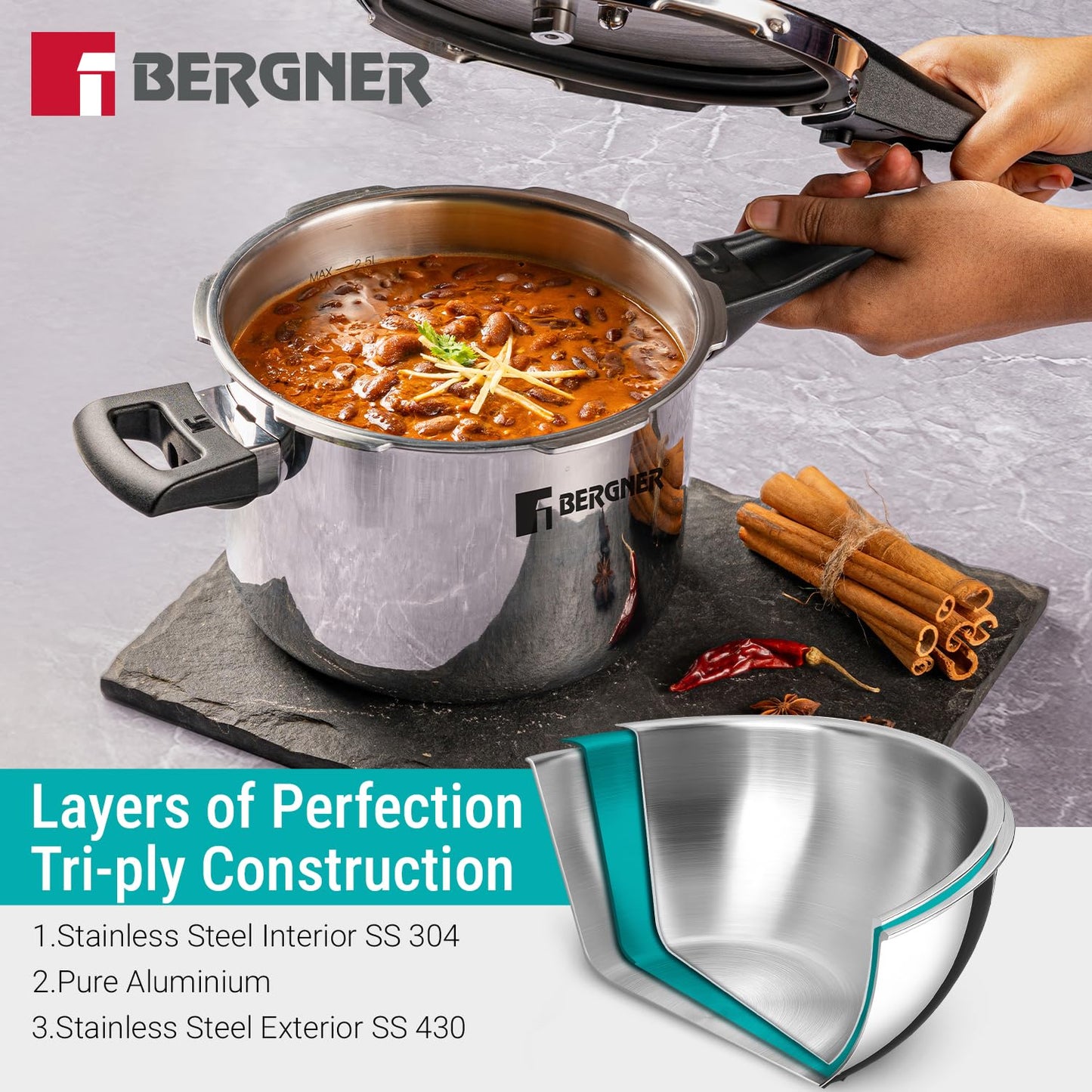 Bergner Argent Elements Triply Stainless Steel | 3.5 L | Outer Lid Pressure Cooker