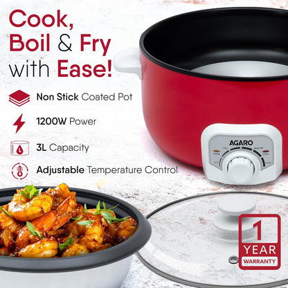 Agaro Regal Electric Multi Cooking Pot | 3L | Red | Adjustable Temperature | 1200W |
